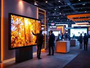 Moderni messuosasto digitaalitekniikalle, jossa interaktiiviset kosketusnäytöt ja esittelyasemat. Syksyiset oranssit valot luovat ammattimaista tunnelmaa teknologiakonferenssissa.